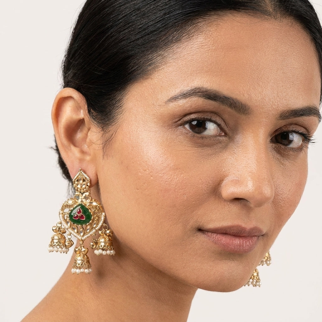 Gold Plated Green & Red Onyx & Kundan Studded With Pearl Beads Jhumka Earring