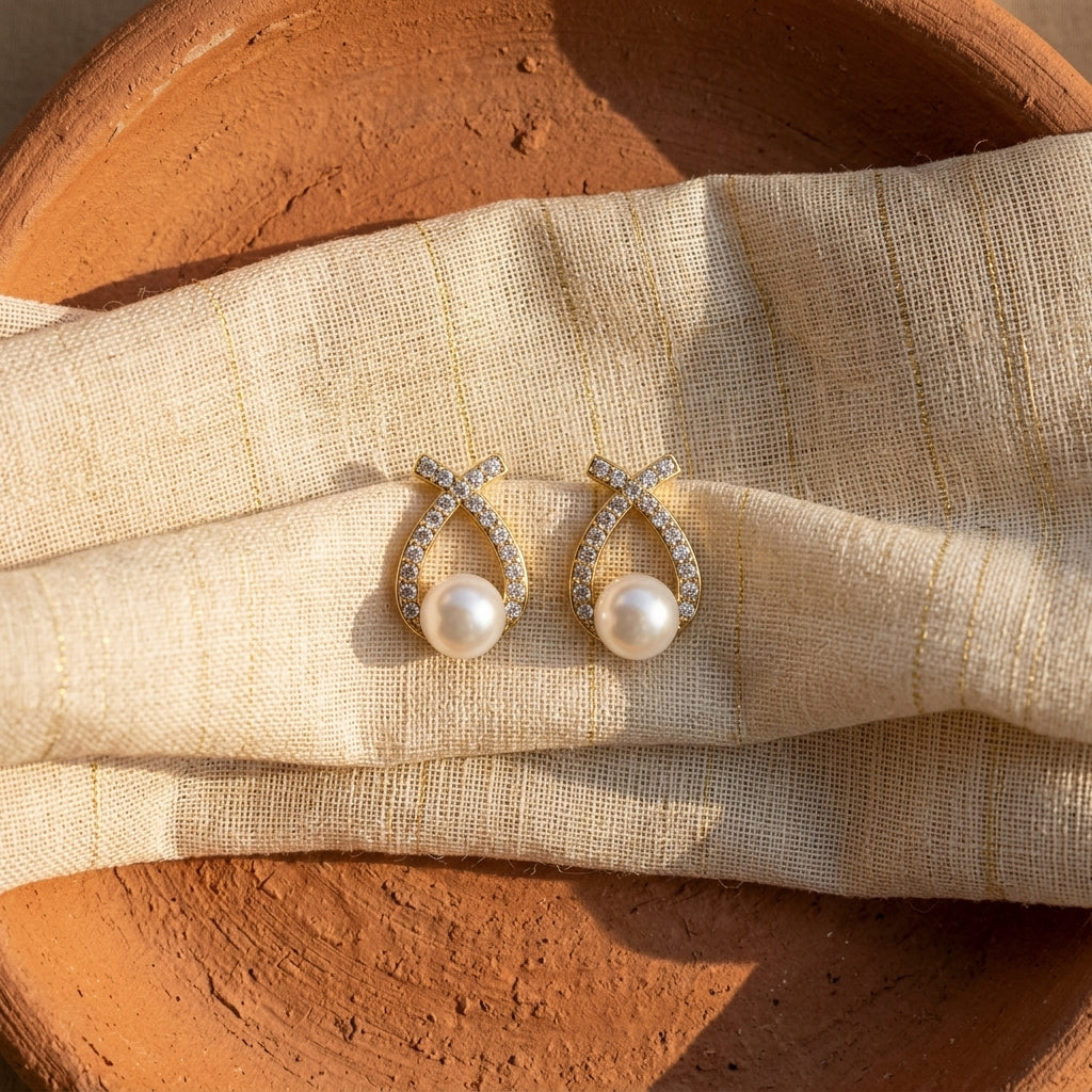 Korean Studded Cross Pearl Stud Earrings