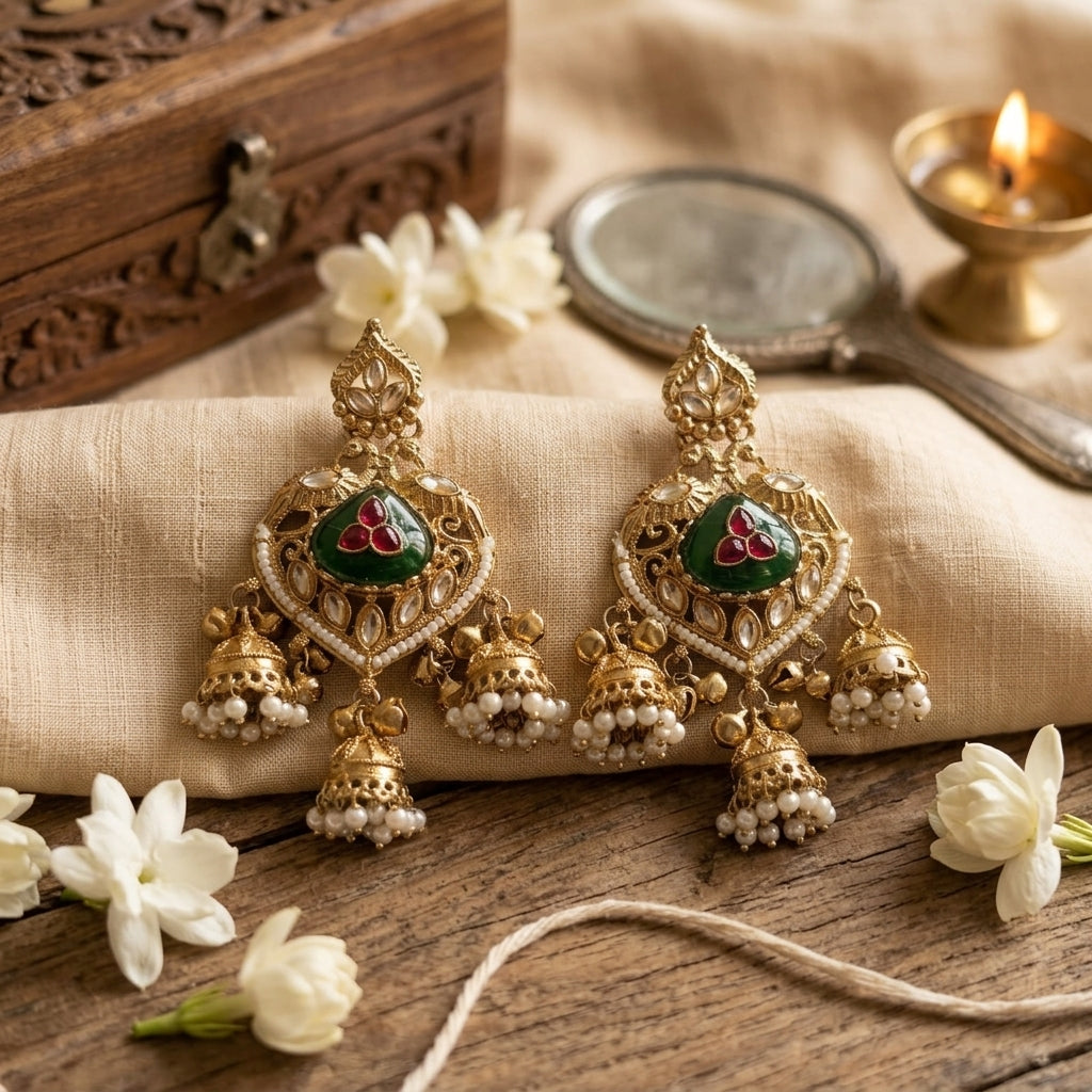 Gold Plated Green & Red Onyx & Kundan Studded With Pearl Beads Jhumka Earring