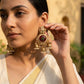 Gold Plated Green & Red Onyx & Kundan Studded With Pearl Beads Jhumka Earring
