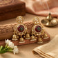 Gold Plated Green & Red Onyx & Kundan Studded With Pearl Beads Jhumka Earring
