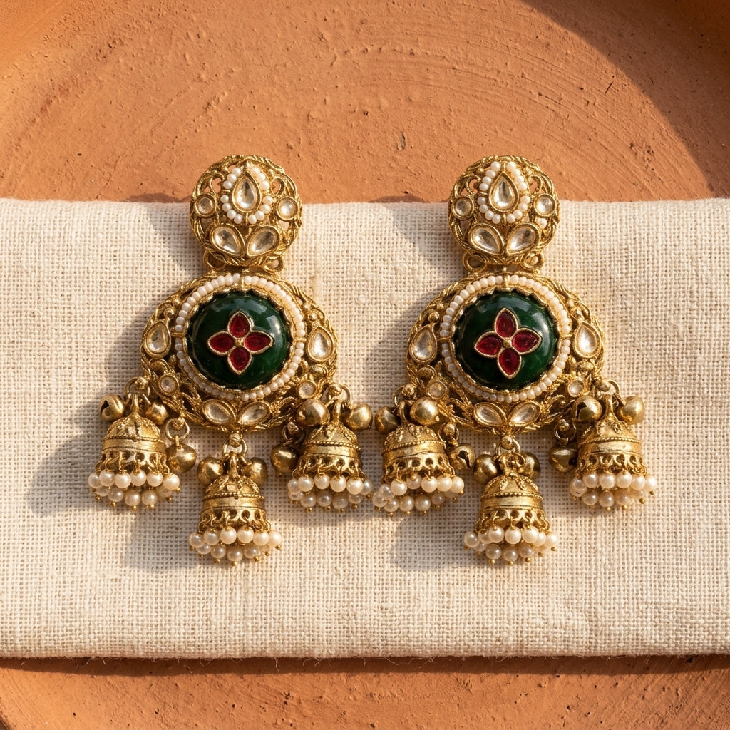 Gold Plated Green & Red Onyx & Kundan Studded With Pearl Beads Jhumka Earring