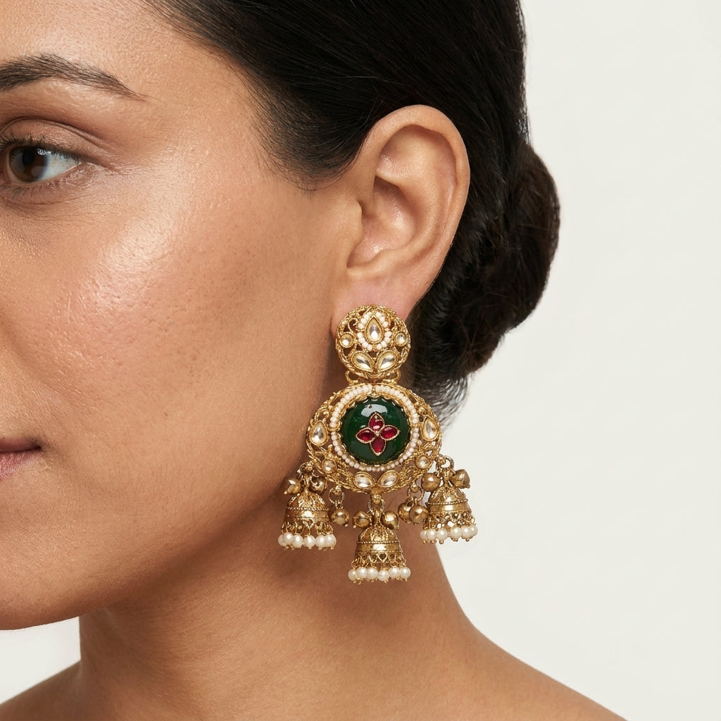 Gold Plated Green & Red Onyx & Kundan Studded With Pearl Beads Jhumka Earring
