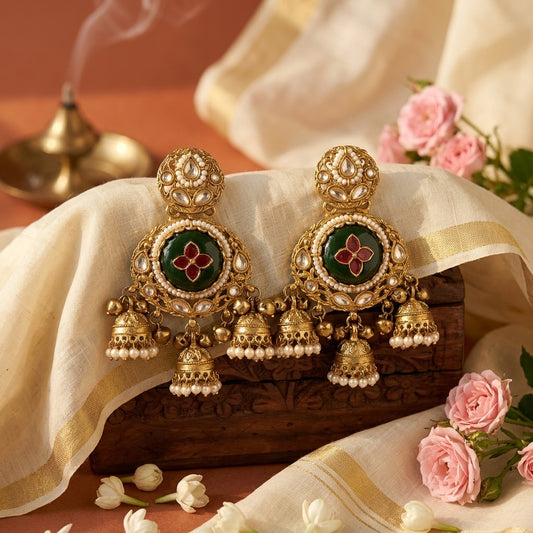 Gold Plated Green & Red Onyx & Kundan Studded With Pearl Beads Jhumka Earring