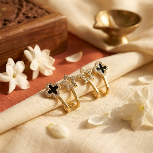 Gold Plated Stone Decor Star Four Leaf Clover Korean Earrings Black Cubic Zirc