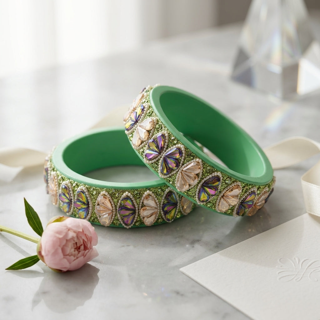Rajasthani Traditional Sea Green Colour Lac Kada Bangles For Women & Girl With Latest Kundan Design