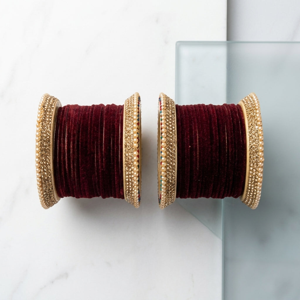 Premium Punjabi Wedding Bangles Set With Beautiful Multi Stone Lac Bangdi Velvet Plain Chudi Design