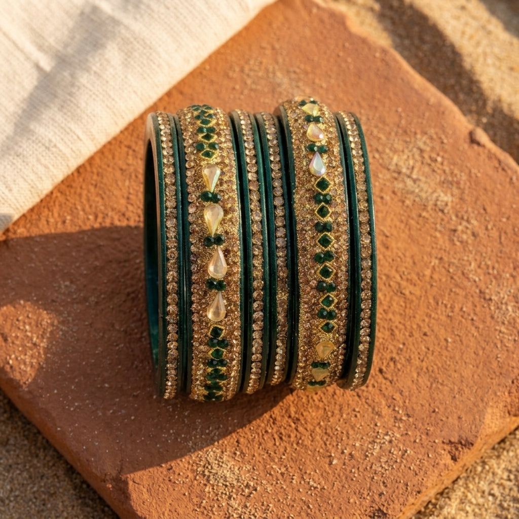 Green Gold Plated with  Kundan and Topaz Fitted Lac Bangle