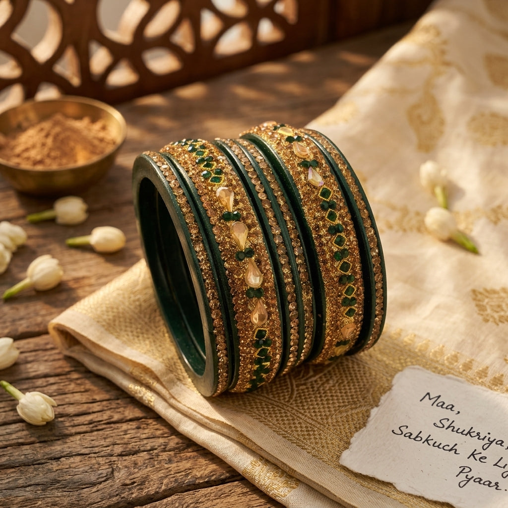 Green Gold Plated with  Kundan and Topaz Fitted Lac Bangle