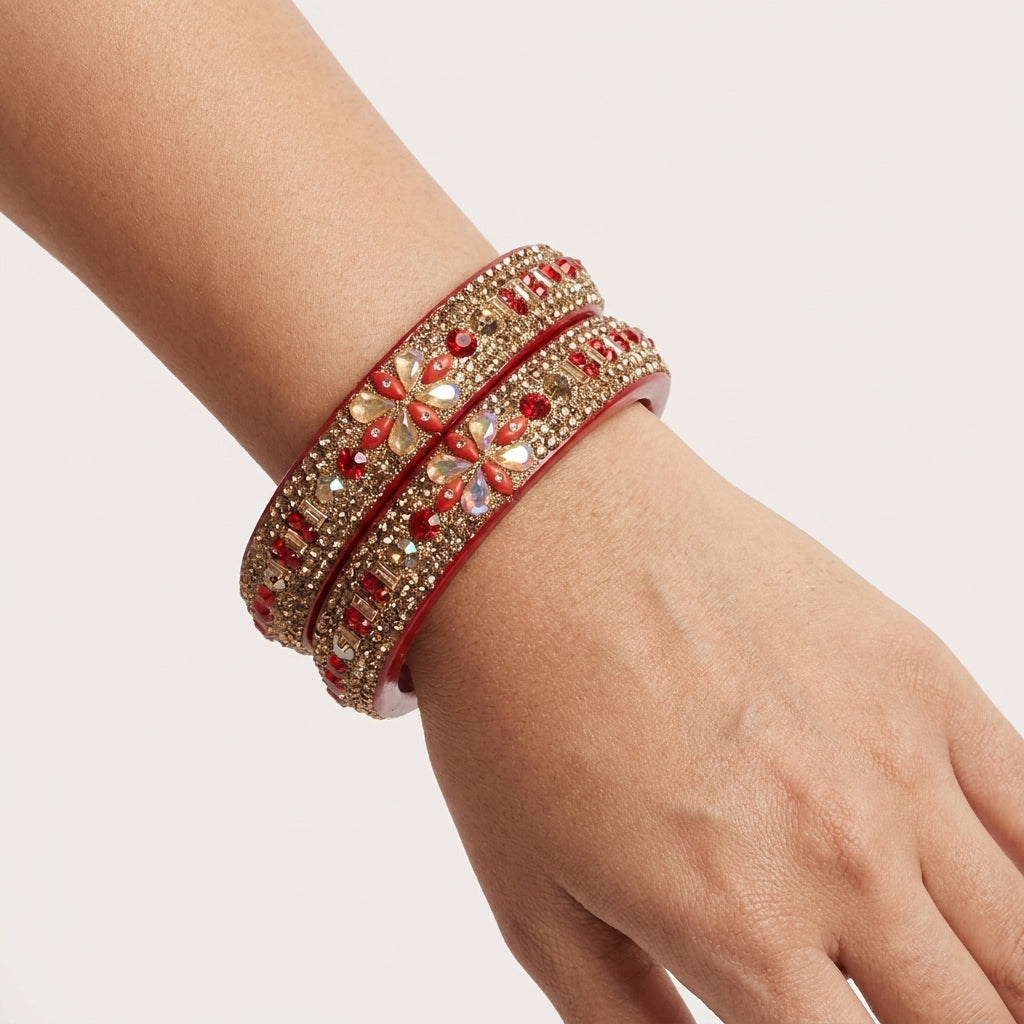 Maroon, Red  Plated With Topaz Fitted Lac Kada Bangle