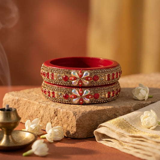 Maroon, Red  Plated With Topaz Fitted Lac Kada Bangle