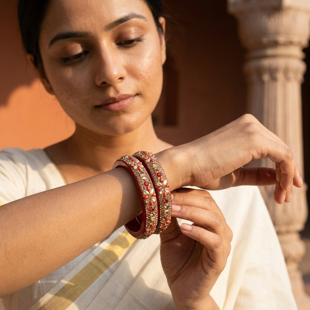 Maroon, Red  Plated With Topaz Fitted Lac Kada Bangle