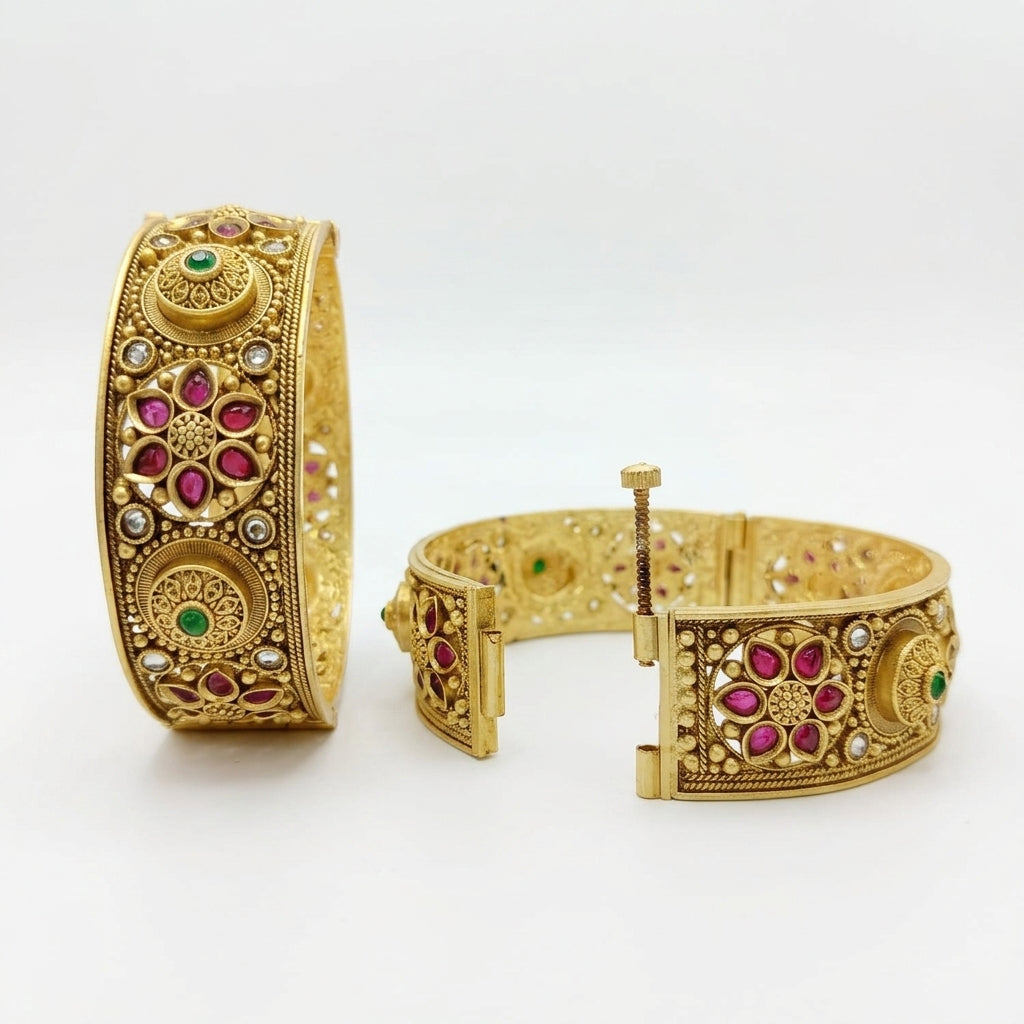 Gold Plated Rajwadi Kundan Openable Kada Bangles Set Of 2  (Free Size)