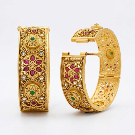 Gold Plated Rajwadi Kundan Openable Kada Bangles Set Of 2  (Free Size)