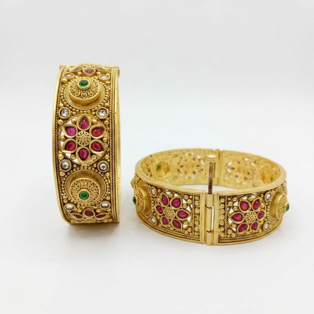 Gold Plated Rajwadi Kundan Openable Kada Bangles Set Of 2  (Free Size)
