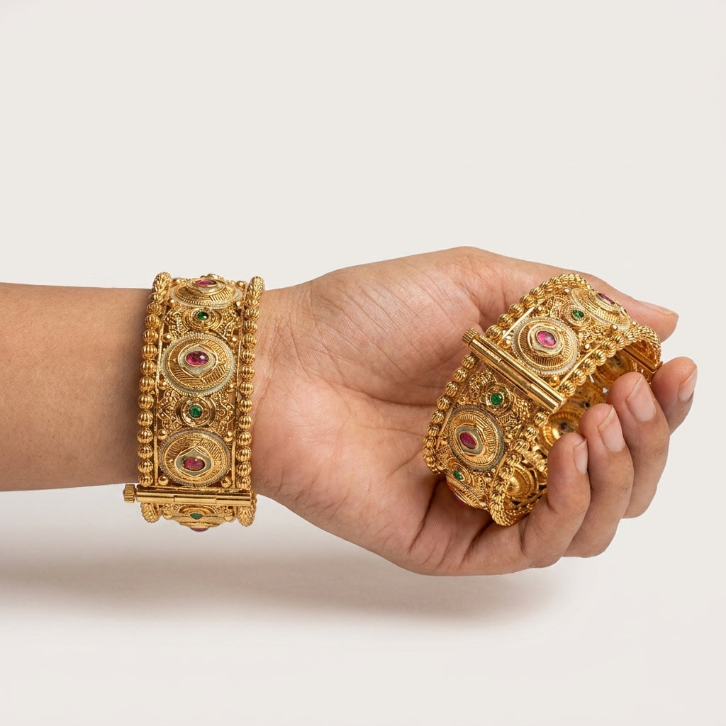Antique Design Gold Plated Rajwadi Openable Kada Set Of 2 (Free Size)