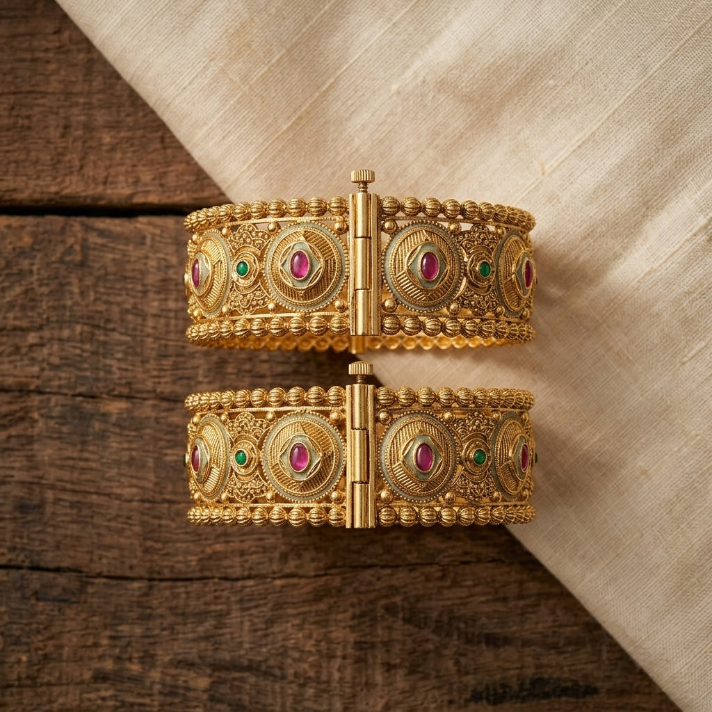 Antique Design Gold Plated Rajwadi Openable Kada Set Of 2 (Free Size)