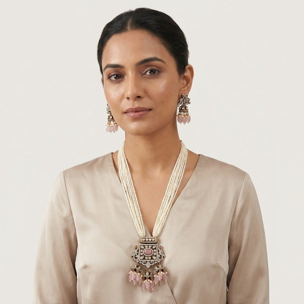 Traditional Pearl Kundan Necklace Set with Jhumka Earrings for Women
