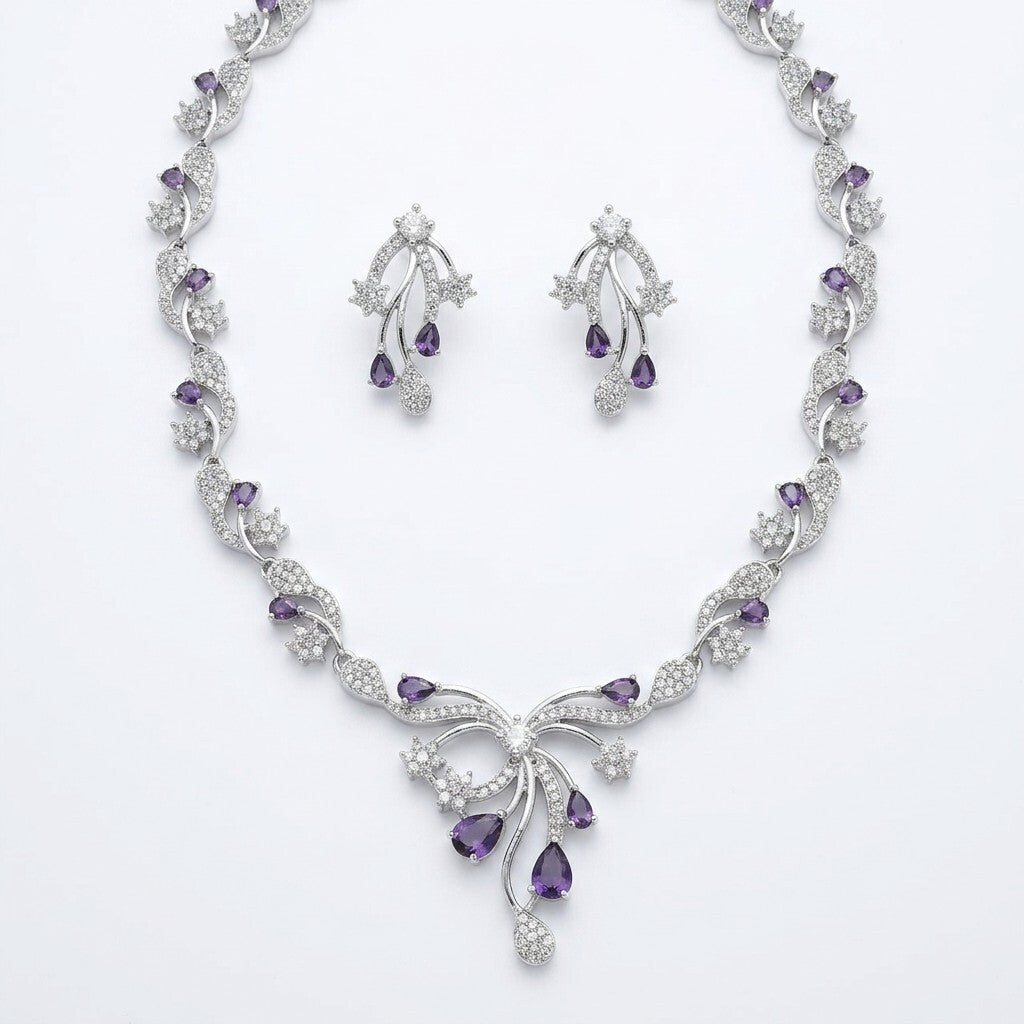 Purple Stone Silver Plated Designer Necklace Set with Earrings for Women