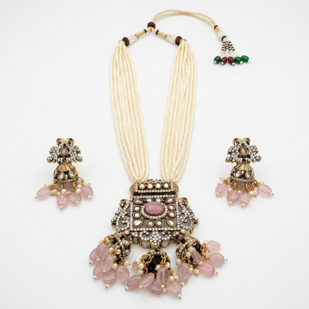 Traditional Pearl Kundan Necklace Set with Jhumka Earrings for Women