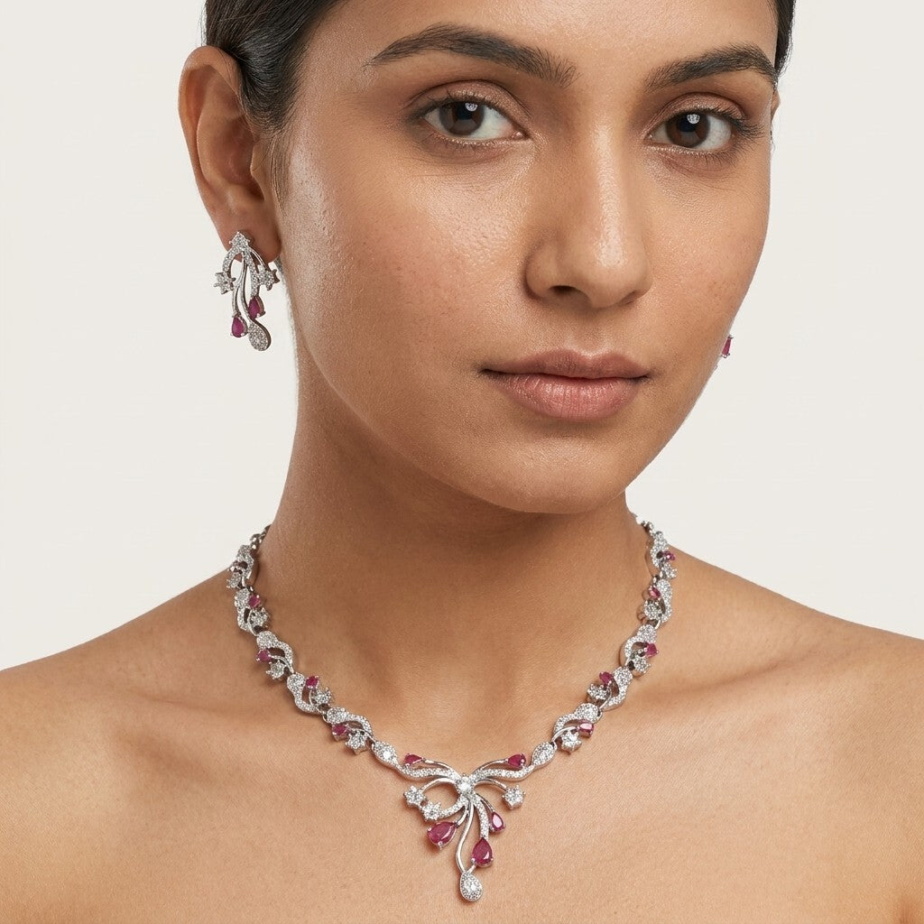 Purple Stone Silver Plated Designer Necklace Set with Earrings for Women