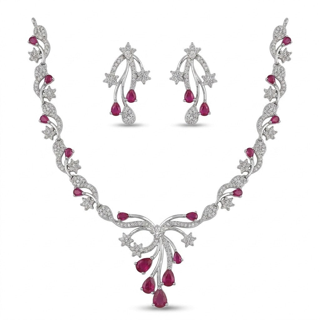 Purple Stone Silver Plated Designer Necklace Set with Earrings for Women