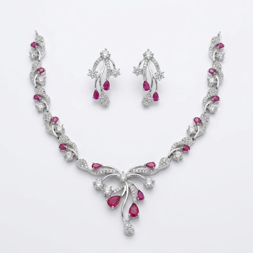 Purple Stone Silver Plated Designer Necklace Set with Earrings for Women