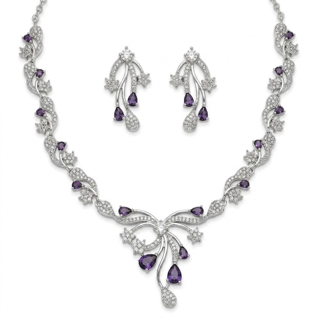 Purple Stone Silver Plated Designer Necklace Set with Earrings for Women