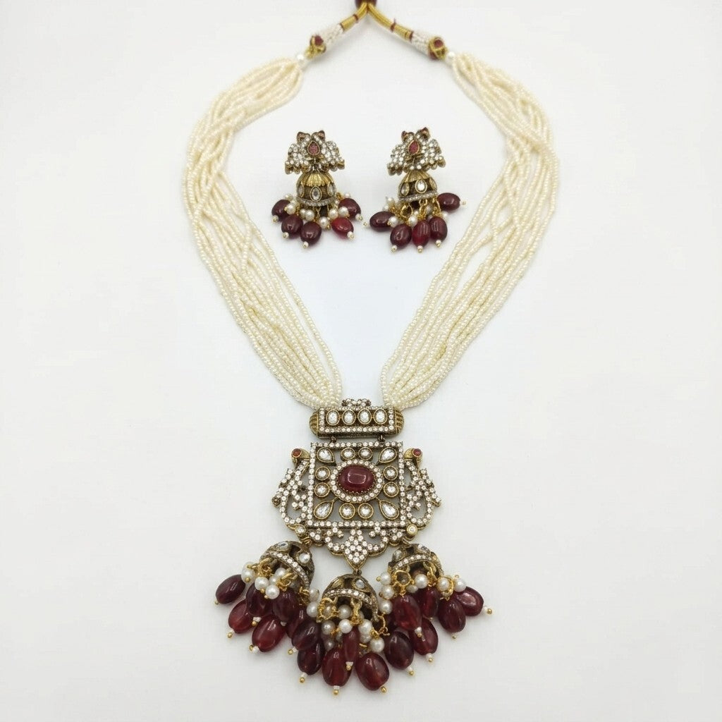 Traditional Pearl Kundan Necklace Set with Jhumka Earrings for Women