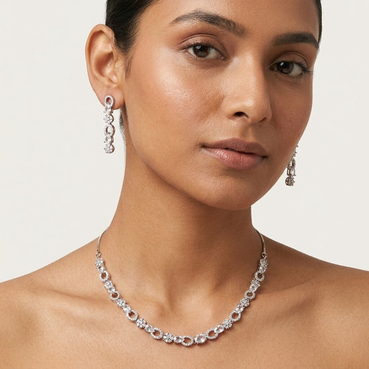 Silver Plated American Diamond Necklace Set with Drop Earrings for Women