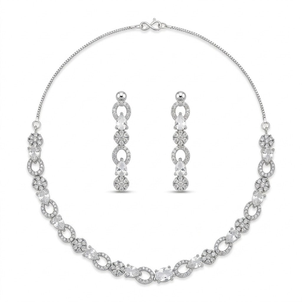 Silver Plated American Diamond Necklace Set with Drop Earrings for Women