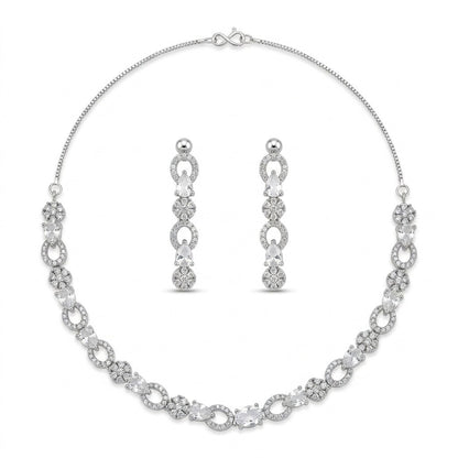 Silver Plated American Diamond Necklace Set with Drop Earrings for Women