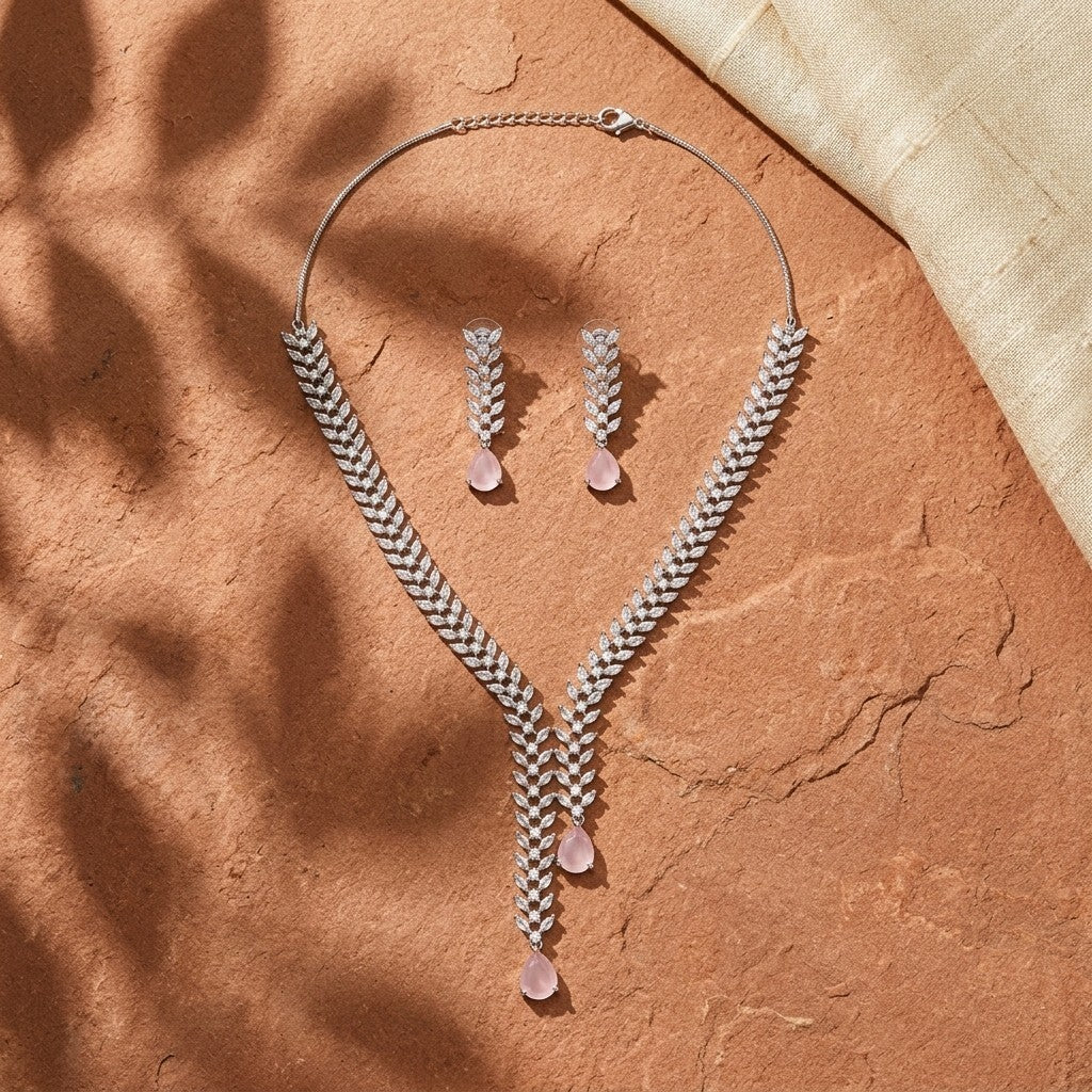Pink Stone Silver Plated American Diamond Necklace Set with Earrings for Women