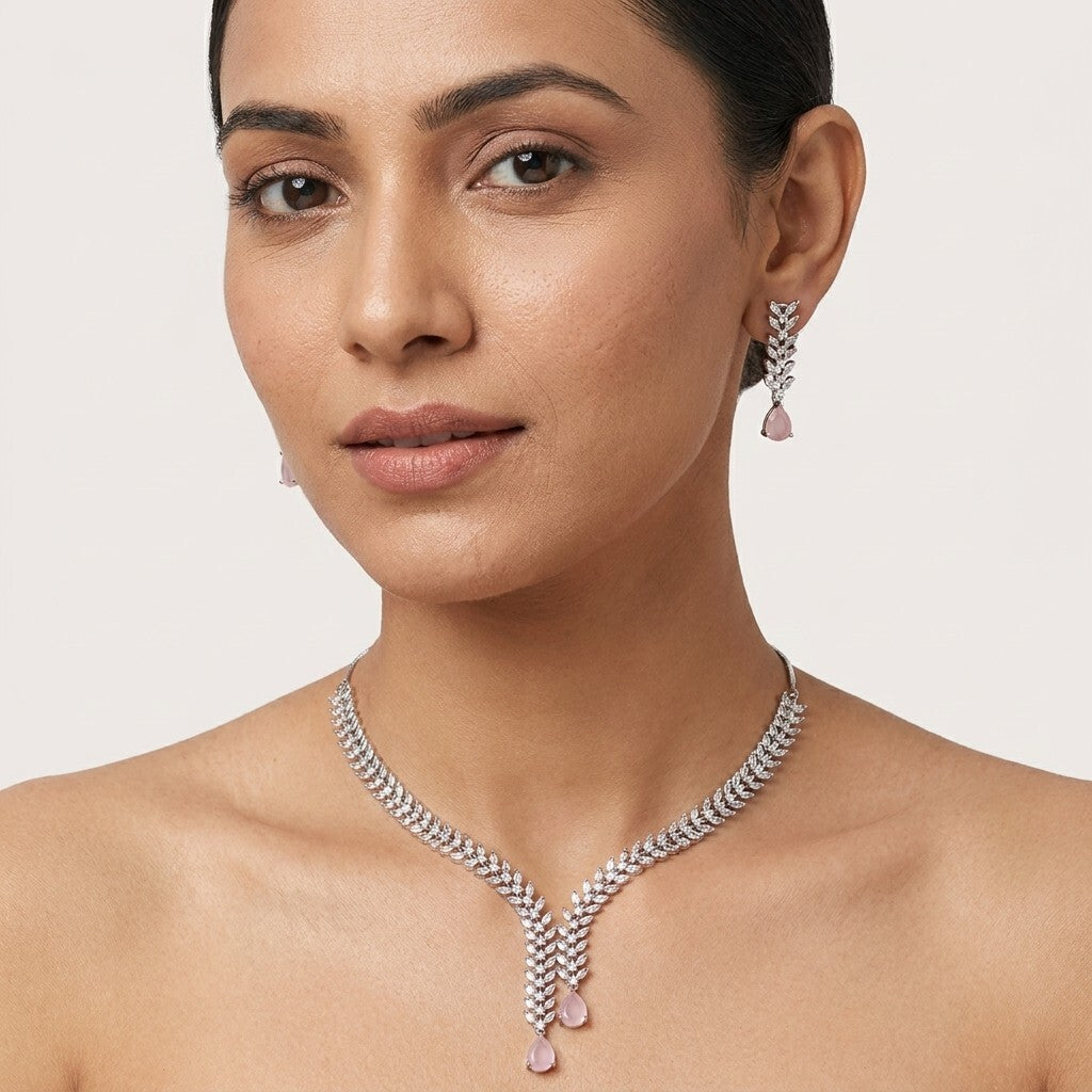 Pink Stone Silver Plated American Diamond Necklace Set with Earrings for Women