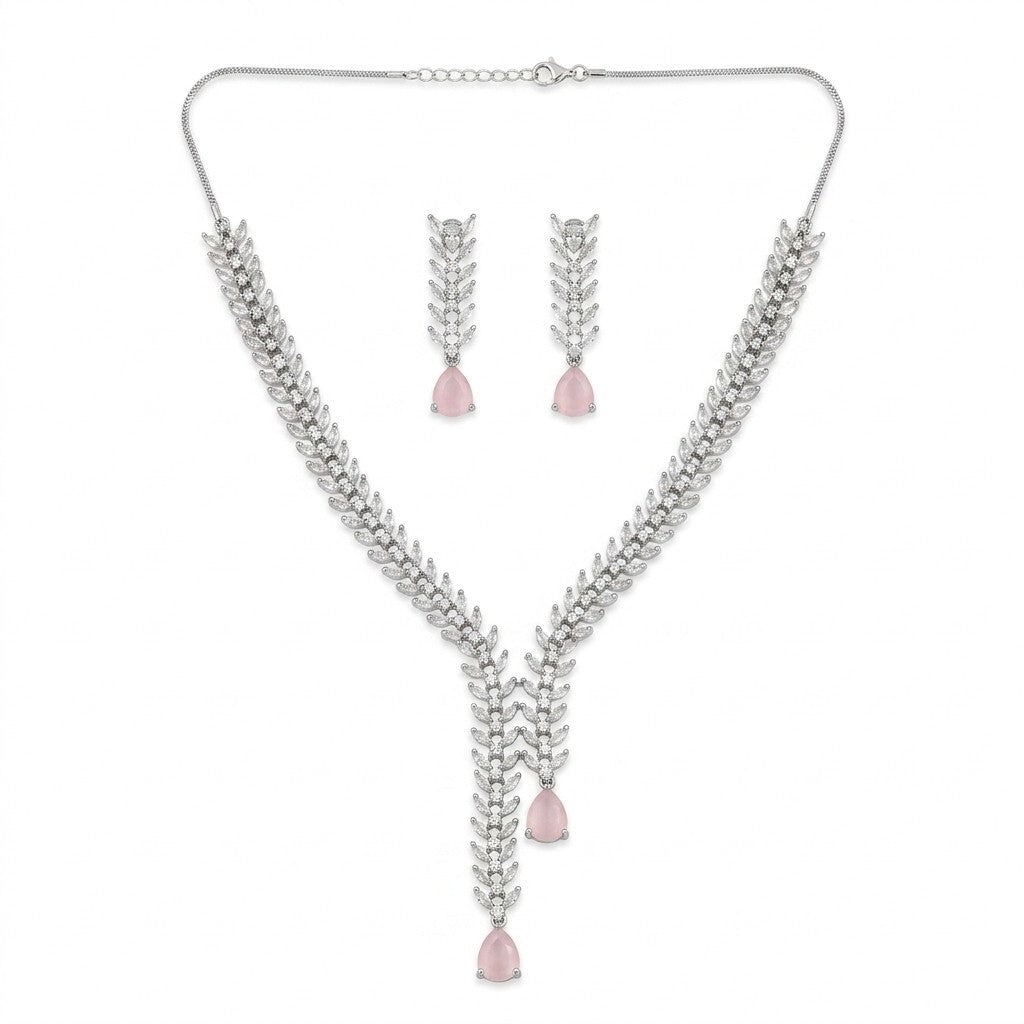 Pink Stone Silver Plated American Diamond Necklace Set with Earrings for Women