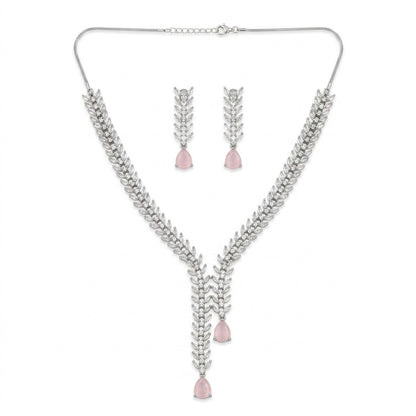 Pink Stone Silver Plated American Diamond Necklace Set with Earrings for Women