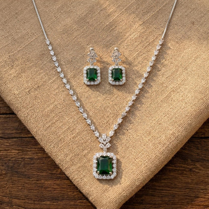 Green Stone American Diamond Necklace & Earrings Set | Wedding & Party Wear Jewellery