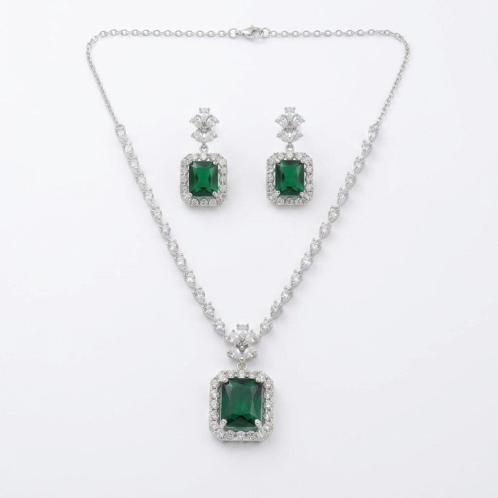 Green Stone American Diamond Necklace & Earrings Set | Wedding & Party Wear Jewellery