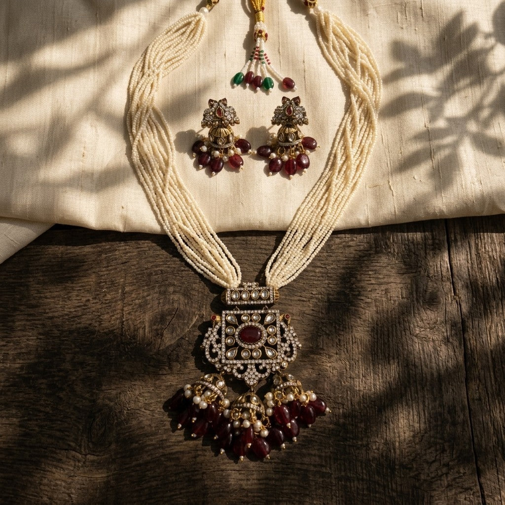 Traditional Pearl Kundan Necklace Set with Jhumka Earrings for Women