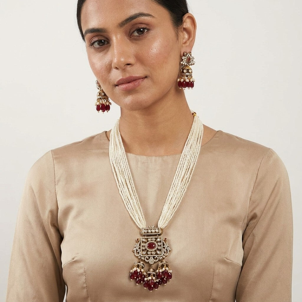 Traditional Pearl Kundan Necklace Set with Jhumka Earrings for Women