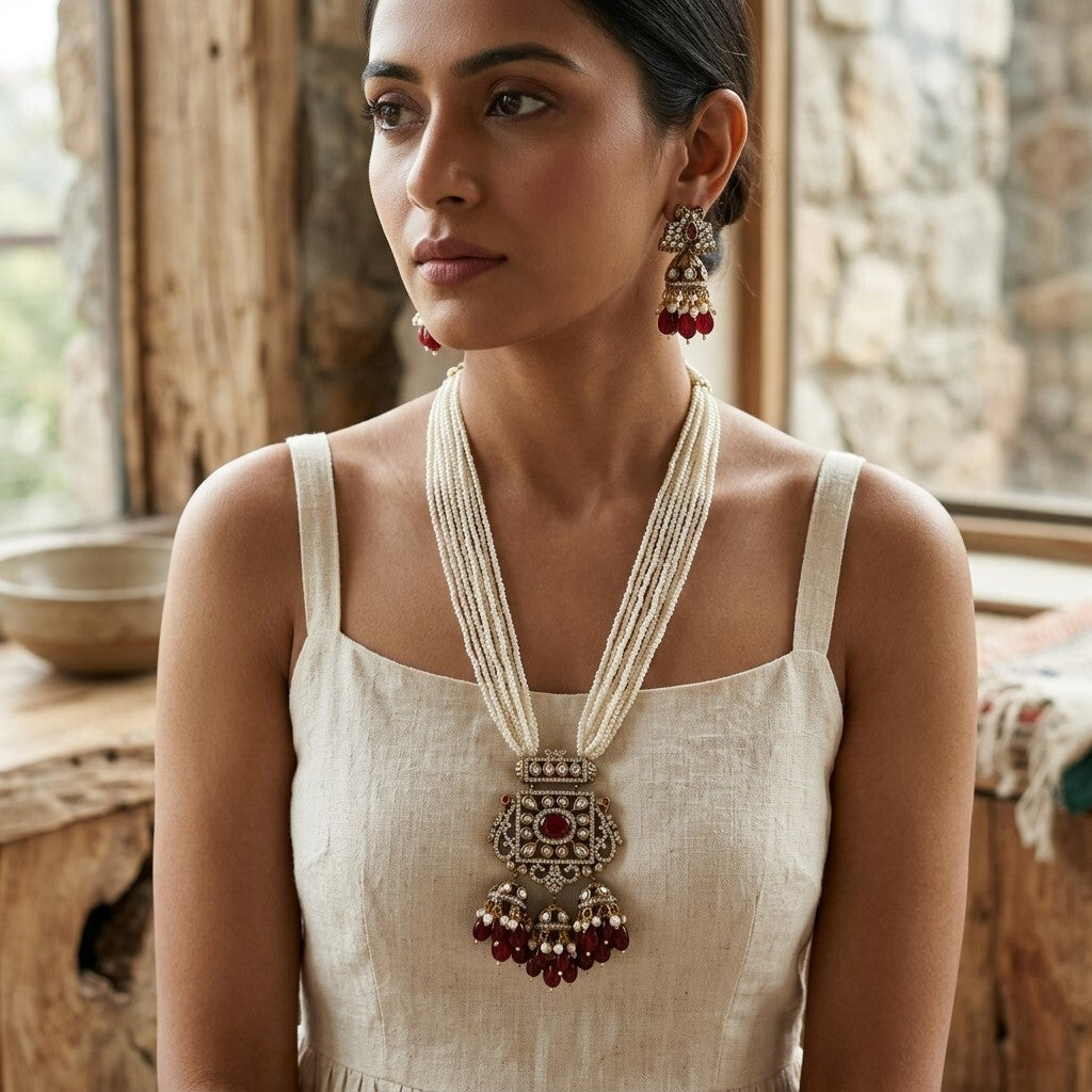 Traditional Pearl Kundan Necklace Set with Jhumka Earrings for Women