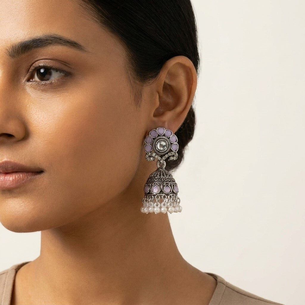 Oxidised Silver-Plated Yellow Stone & Pearl Drop Ethnic Jhumka Earrings