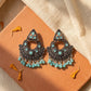 Oxidised Silver-Plated Turquoise Stone & Beaded Ethnic Chandbali Earrings