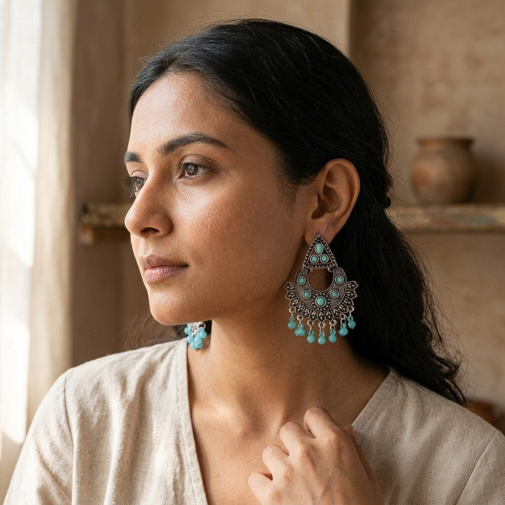 Oxidised Silver-Plated Turquoise Stone & Beaded Ethnic Chandbali Earrings
