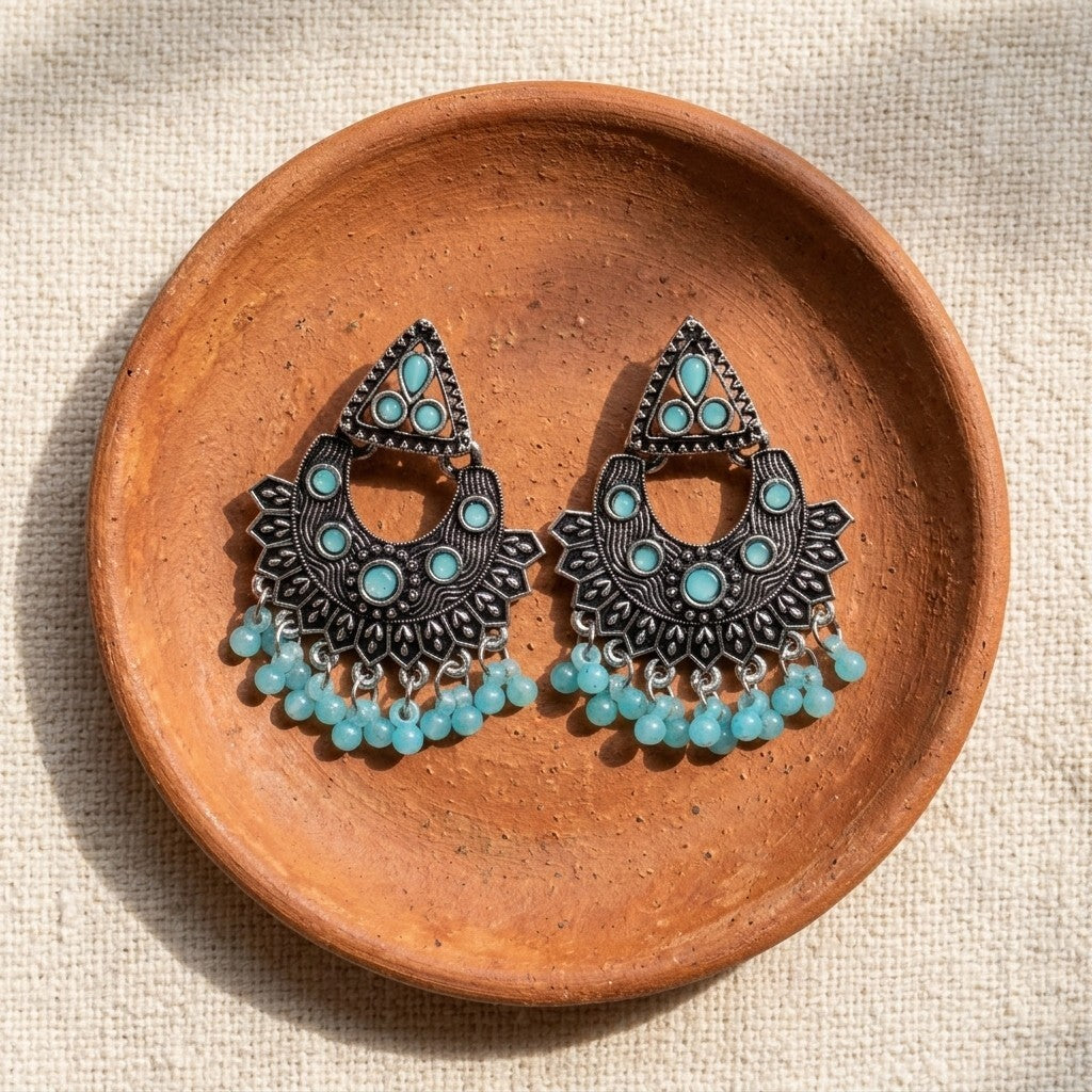Oxidised Silver-Plated Turquoise Stone & Beaded Ethnic Chandbali Earrings