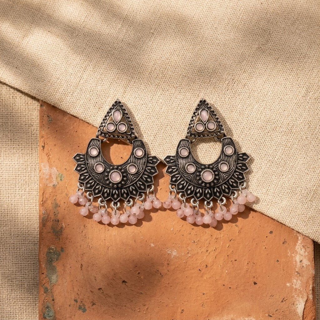 Oxidised Silver-Plated Turquoise Stone & Beaded Ethnic Chandbali Earrings