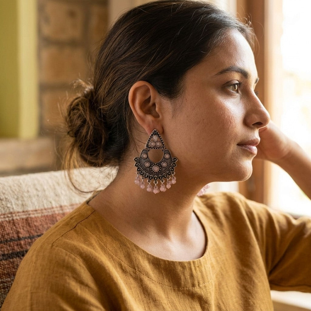 Oxidised Silver-Plated Turquoise Stone & Beaded Ethnic Chandbali Earrings