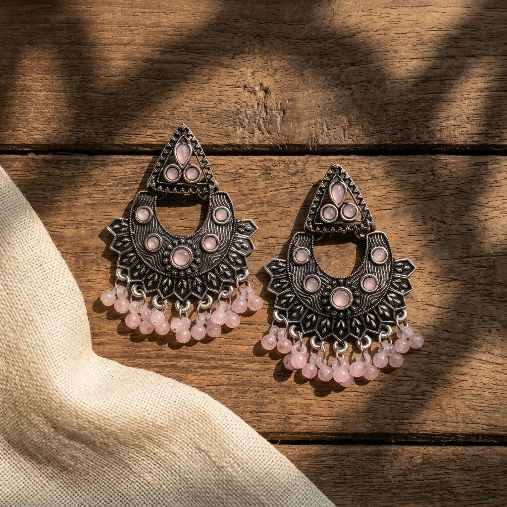 Oxidised Silver-Plated Turquoise Stone & Beaded Ethnic Chandbali Earrings