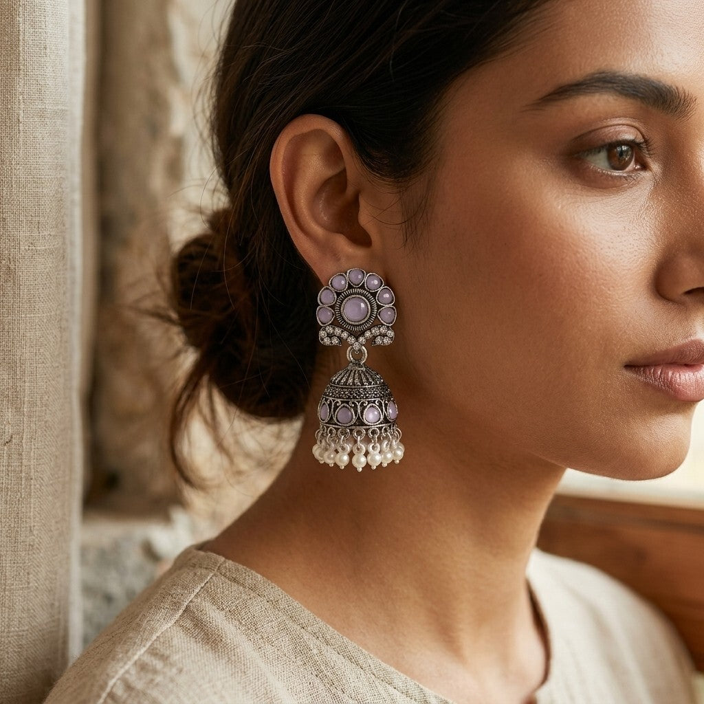 Oxidised Silver-Plated Yellow Stone & Pearl Drop Ethnic Jhumka Earrings