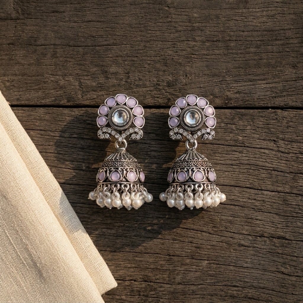 Oxidised Silver-Plated Yellow Stone & Pearl Drop Ethnic Jhumka Earrings